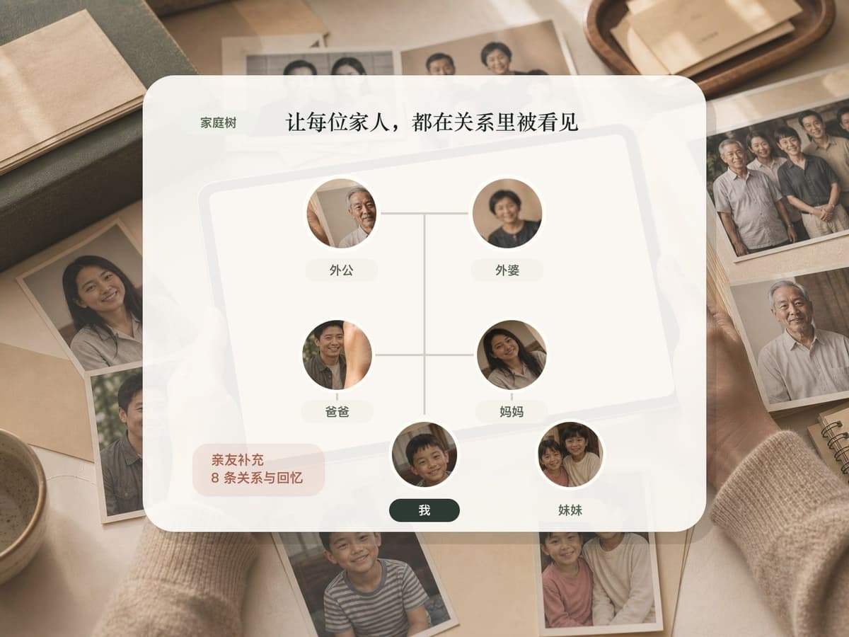 真实感家庭头像组成的家庭树界面，清晰呈现亲友关系与共同补充的记忆