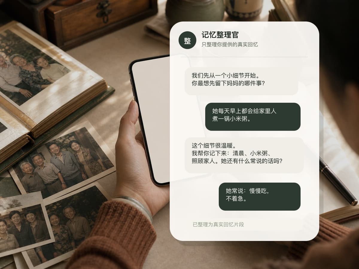 用户与记忆整理官的真实中文对话界面，整理官只根据家人提供的回忆进行引导